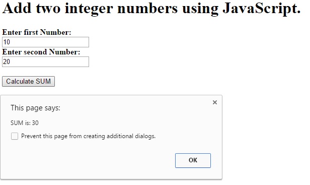 JavaScript Function To Add Two Integer Numbers